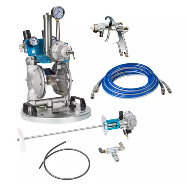 Full contents of a professional air-operated diaphragm pump kit, including pump, spray gun, fluid lines, and regulators for painting applications. Full contents of a professional air-operated diaphragm pump kit, including pump, spray gun, fluid lines, and regulators for painting applications.